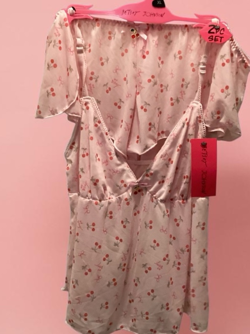 Betsey Johnson XL Pink Cherry-Print Cami & Shorts Sleep Set